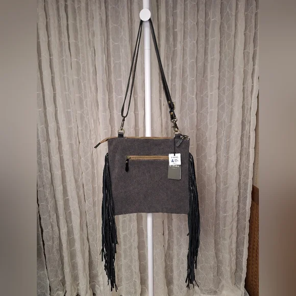 Myra Bag Black & Brown Cowhide Tooled Leather & Fringe Sholder Or Crossbody Bag - Picture 5 of 10